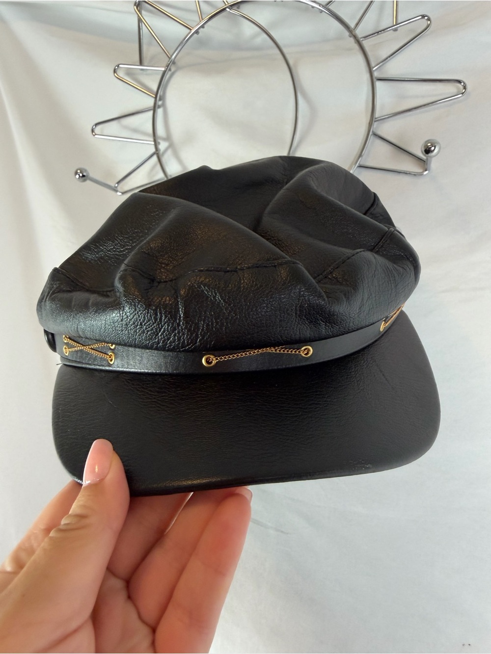 Black Faux Leather Baker Boy Cap with Gold Chain Trim
